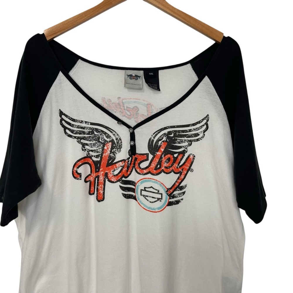 Harley Davidson Womens Graphic Raglan Short Sleeve T Shirt XXL White Black Wings - Picture 3 of 7
